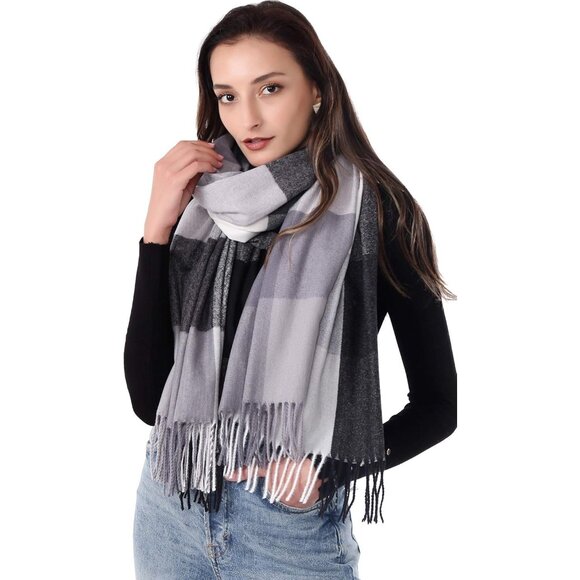 Women Black White Grey Winter Warm Shawl Wraps Tartan Blanket Oversized Scarves - Picture 1 of 6